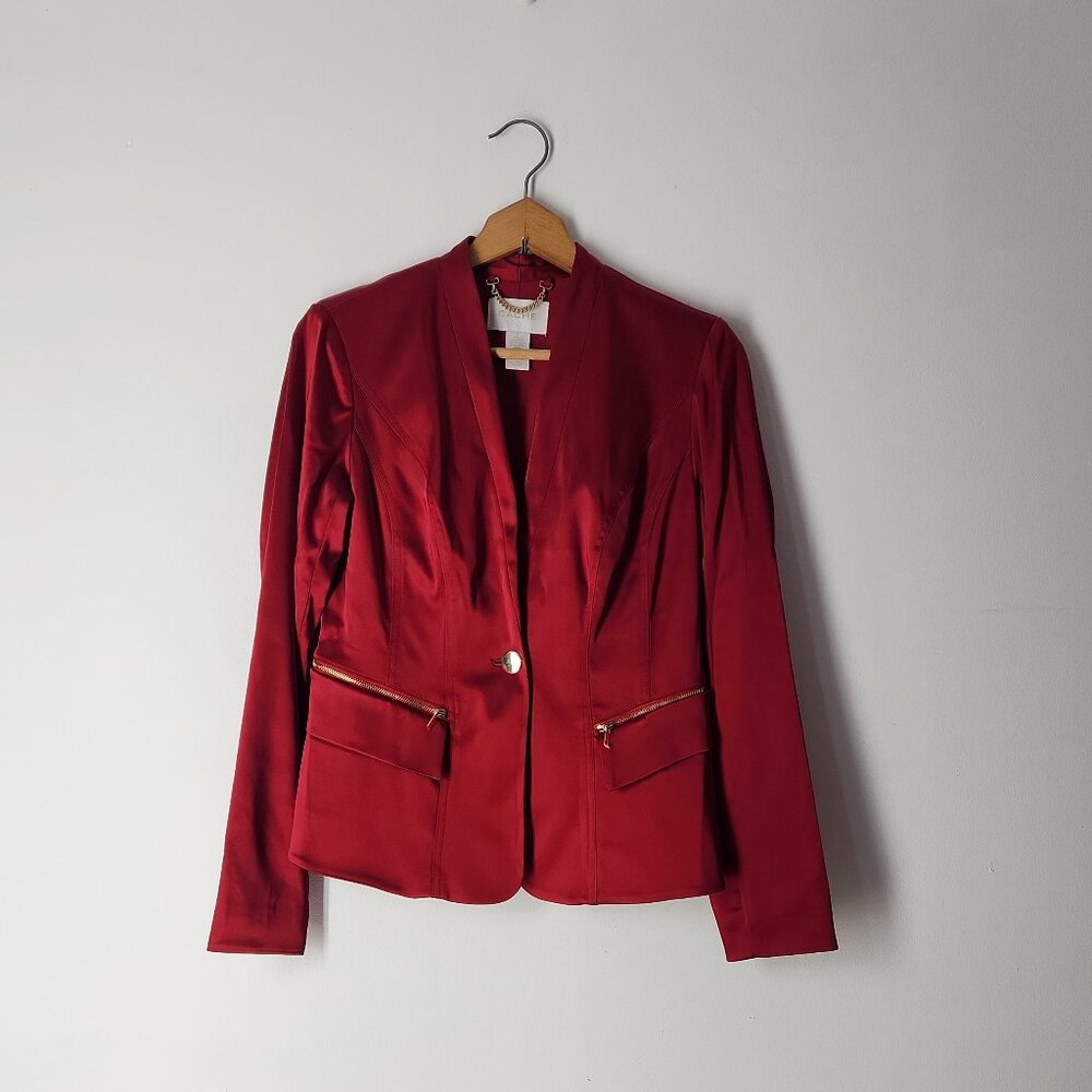 Cache Blazer Red luxury Satin Zipper Pockets Sleeves Jacket women's top  2  XS